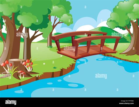 Nature Scene With Bridge Crossing River Illustration Stock Vector Image