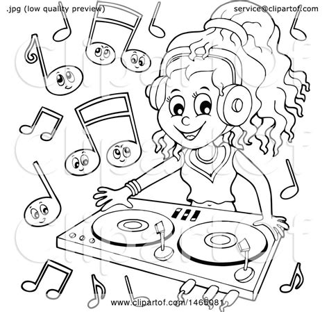 Clipart Of A Black And White Female Dj Wearing Headphones And Mixing