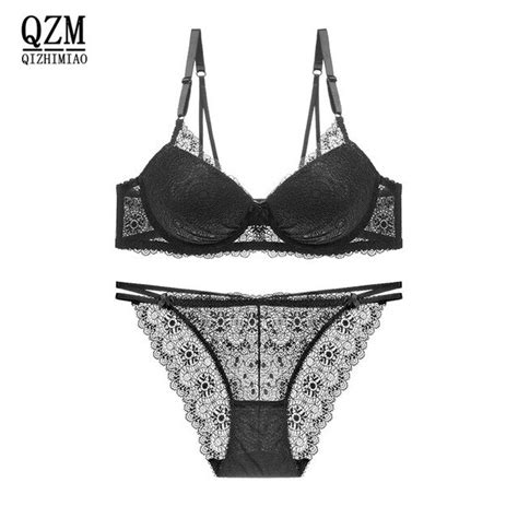 Qizhimiao Push Up Bra Set Embroidery Lace Bra And Panties Set Thick Cup
