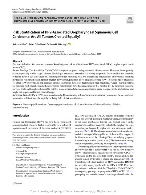 Risk Stratification Of Hpv Associated Oropharyngeal Squamous Cell
