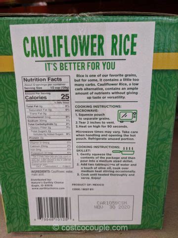 Nutrition data's opinion nutrition data awards foods 0 to 5 stars in each of three categories, based on their nutrient density (nd rating) and their satiating effect (fullness factor™). Nature's Earthly Choice Cauliflower Rice