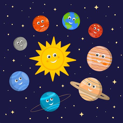 Solar System For Kids Cute Sun And Planets Characters In Cartoon Style