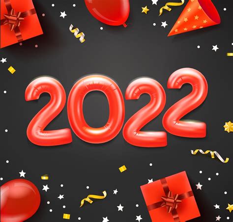 Happy new 2022 greeting card with red balloons and holiday accessories