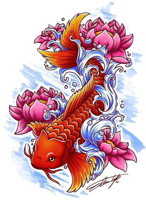 Quá đẹp cho một vườn cá koi có tiểu cảnh như thế này. Red koi fish and pink lotus flowers tattoo design ...