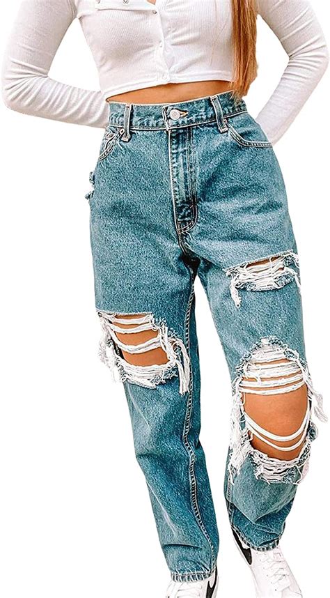 Zyao Womens Baggy Ripped Jeans High Waisted Denim Jeans Casualfashion