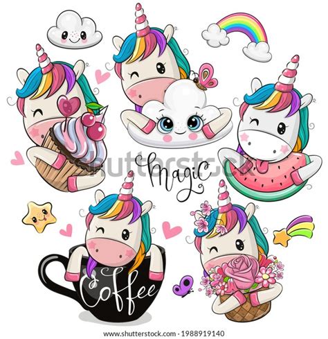 Set Cute Cartoon Unicorns Isolated On Stock Vector Royalty Free