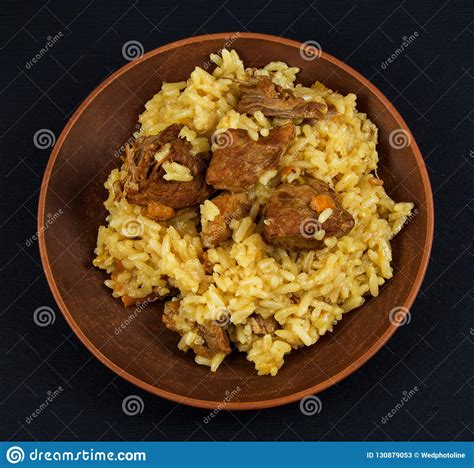 Clay Plate With Rice Pilaf Meat Turmeric Stock Image Image Of Food