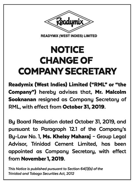 Notice To Change Of Company Secretary Tcl Group