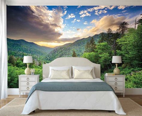Mountain Scene Wall Mural Wall Decal Mountain Forest Wall Etsy Canada