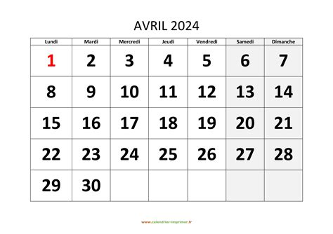 Calendrier Avril 2024 à Imprimer
