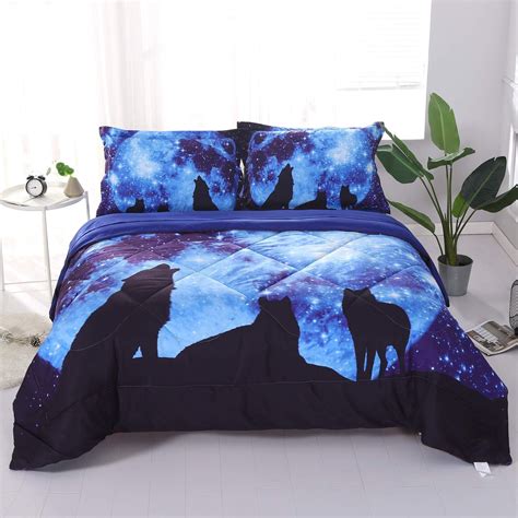 Twin bedding sets include everything you need to outfit your twin bed in one purchase—a comforter, fitted sheet, flat sheet, pillowcases, pillow shams and sometimes a bed skirt. Wowelife Galaxy Wolf Comforter Sets Twin 5 Piece Blue Wolf ...
