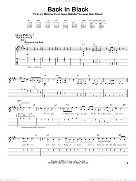 Back In Black Sheet Music Easy For Guitar Solo Easy Tablature