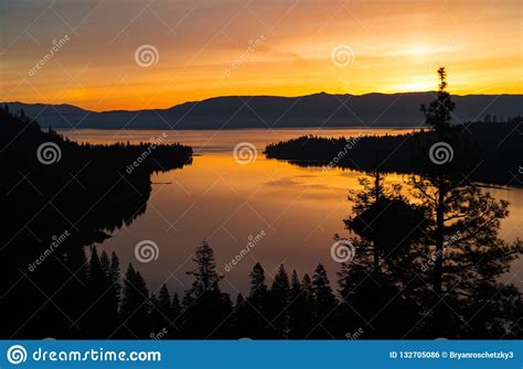 Lake Tahoe California Orange Sunrise Over Emerald Bay Stock Photo