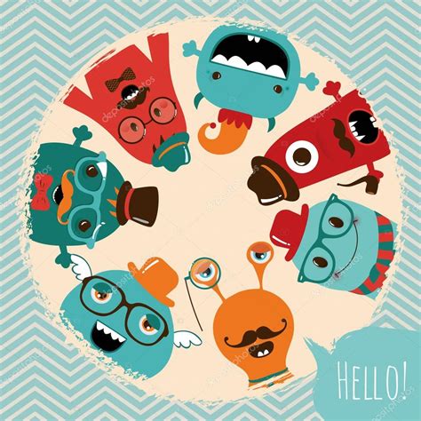 Hipster Retro Monsters Card Design Stock Vector Image By