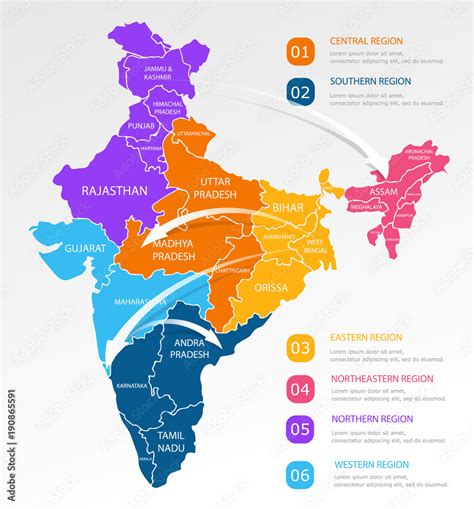 India Regions Business Colorful Map And Points On White Background
