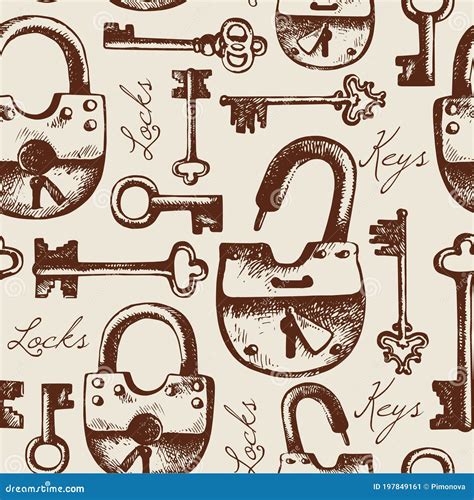 Vintage Seamless Pattern Of Hand Drawn Locks And Keys Stock Vector