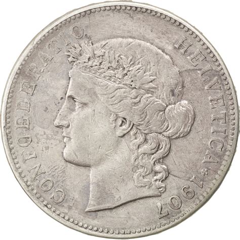 Suisse, schweiz, svizzera int'l long form. #73858 Suisse, Confédération Helvétique, 5 Francs 1907 B ...