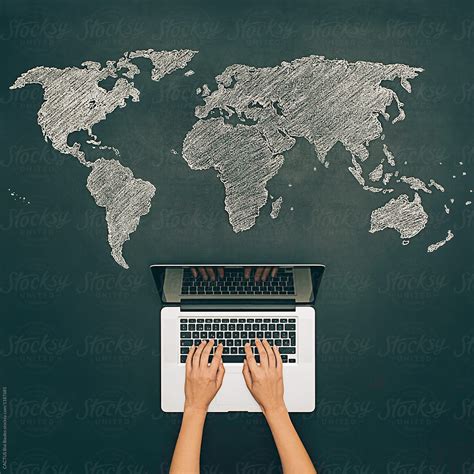 Internet Search With Notebook World Map On Chalkboard Del