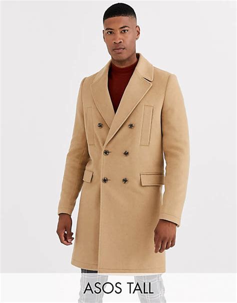 Asos Design Tall Wool Mix Double Breasted Overcoat In Camel Asos