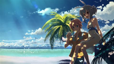 Wallpaper Anime Girls Beach Blue Palm Trees Underwater Dappled