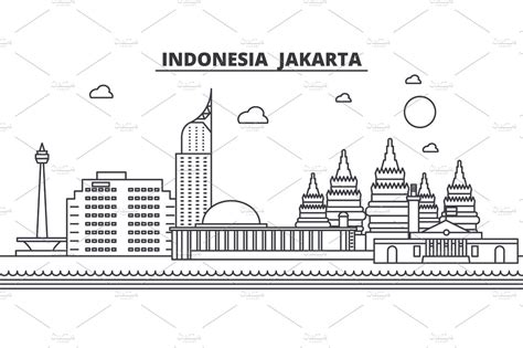 Indonesia Jakarta Architecture Line Skyline Illustration Linear