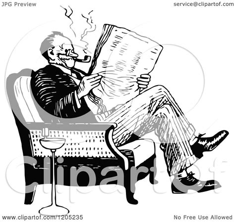 Cartoon Of A Vintage Black And White Man Reading A Newspaper Royalty