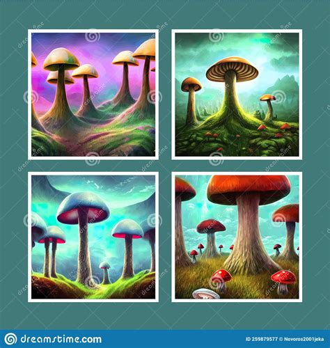 Set Of Surreal Mushroom Landscape Fantasy Wonderland Landscape With
