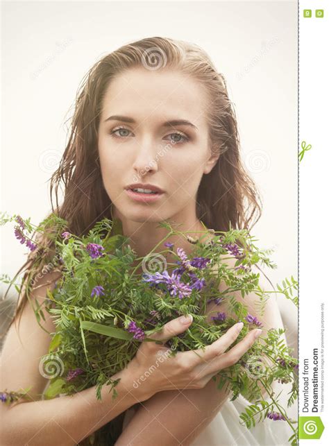 Woman With Wild Flowers Stock Image Image Of Garden 74558081