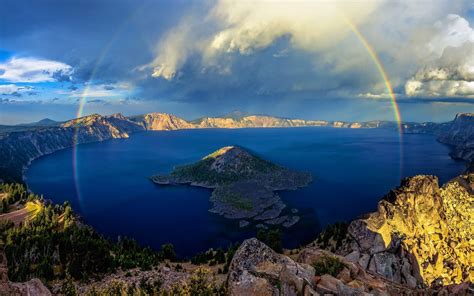 Crater Lake Rainbows Island Lake Forest Mountain Sunrise Clouds Cliff Water Blue