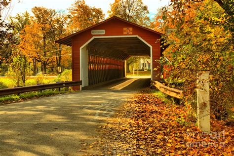Fall Foliage At The Henry Covered Bridge Photograph By Adam Jewell