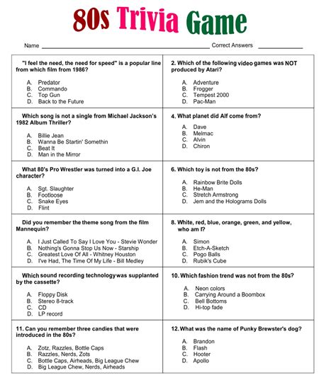 10 Best 80s Movie Trivia Printable