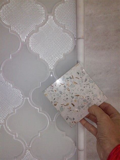 Available in a polished finish or in a sea glass finish with a softer, textured look. Curava recycled glass sample with arabesque glass tile for ...