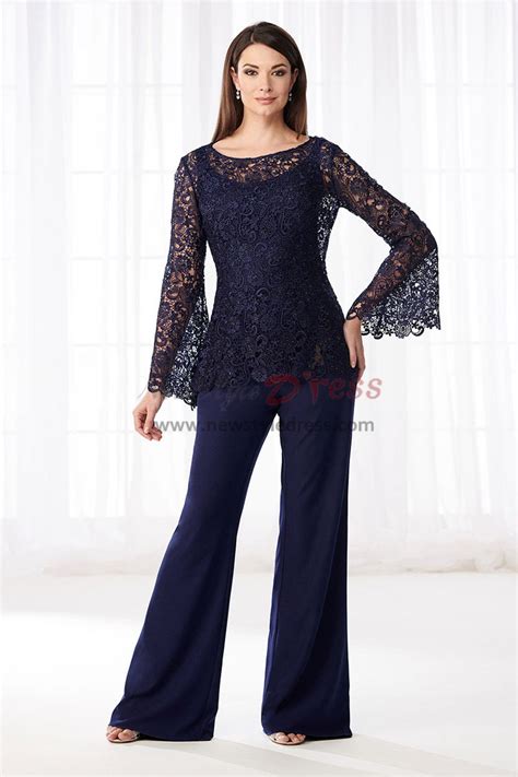 Mother Of The Bride Pant Suits Dresses Dark Navy Lace Two Piece Pants