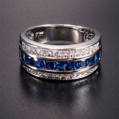 Men S Deluxe 10K White Gold Plated Blue Sapphire Garnet Crystal Stone Band Wedding Ring For 