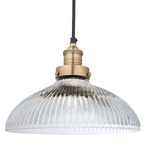 A Large Glass Light Fixture Hanging From A Black Cord With A Brass Finish On It