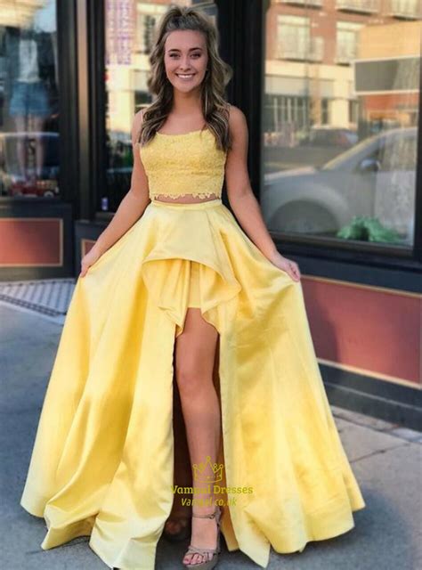 Yellow Two Piece Lace Applique Bodice Long Prom Dress With Split Front