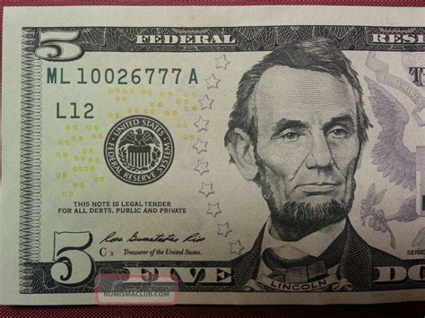 Rare 2013 5 Five Dollar Bill 777 Repeater Uncirculated Frn Lucky 7 S