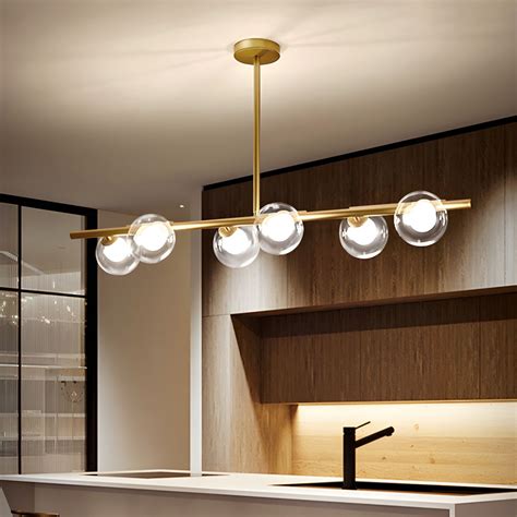 6 Light Kitchen Island Lamp With Bubble Translucent Glass Shade Modernism Gold Finish Suspended