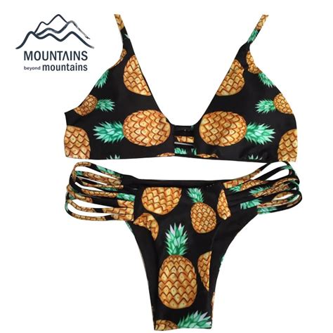 New Pineapple Brazilian Bikini Set Reversible Bathing Suit Halter