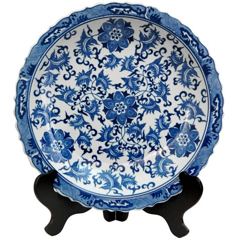 Oriental Furniture 14 Floral Blue And White Porcelain Plate Decorative