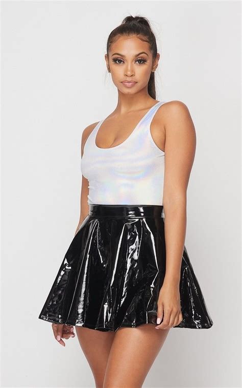 Faux Leather Vinyl Skater Skirt Black Skater Skirt Spring Outfits Casual Black Skater Skirts