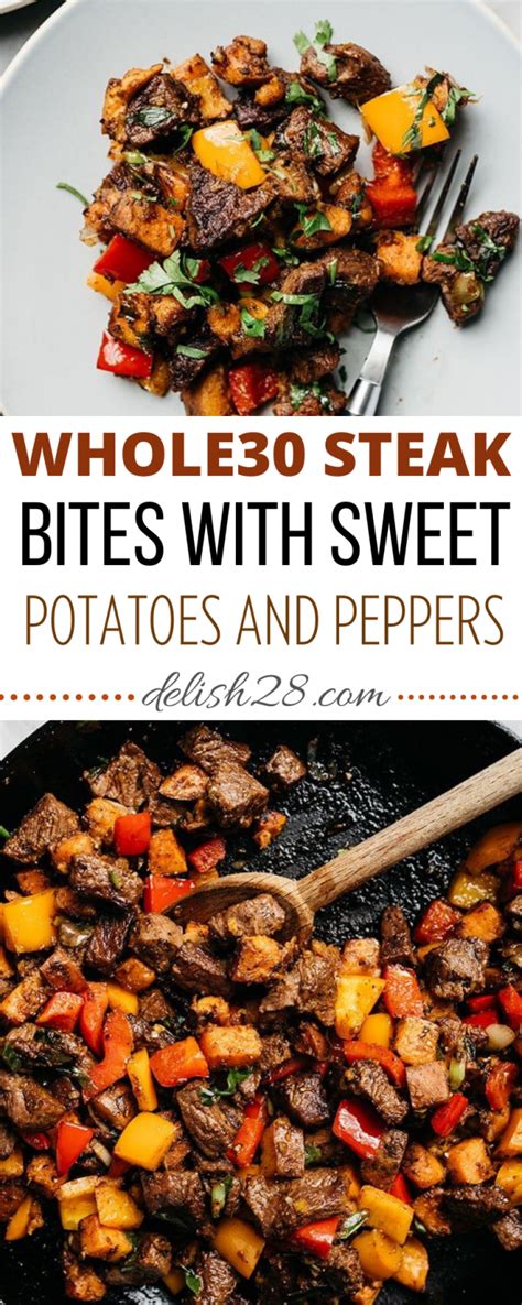 Whole 30 no added sugar. WHOLE30 STEAK BITES WITH SWEET POTATOES AND PEPPERS - delish28