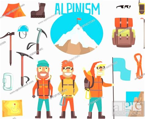 Three Mountaineers And Mountaineering Equipment Set Of Alpinism And