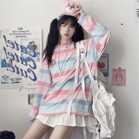 Rainbow Striped T Shirt Women S Autumn Clothing 2022 New Korean Version Ins Loose Long Sleeved