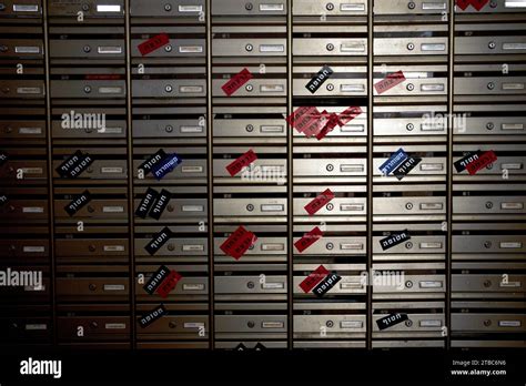 The mailroom in Kibbtz Nir Oz, where mailboxes are labeled with their