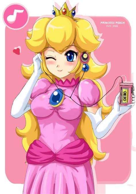 The Princess Peach Is Listening To Music With Her Headphones On And Holding A Cell Phone