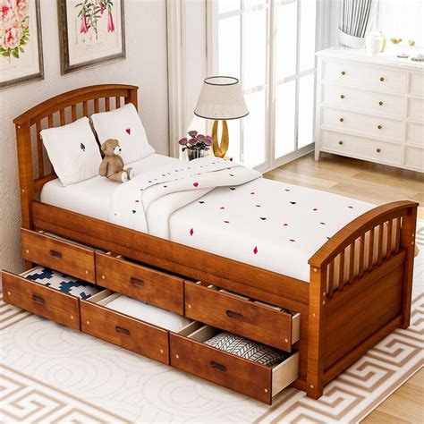 Harper Bright Designs Walnut Twin Size Platform Storage Solid Wood Bed With Drawers