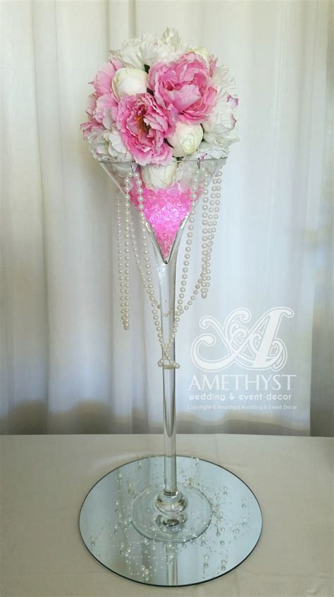 Pink Peony And Pearl Martini Centerpiece — Amethyst Wedding
