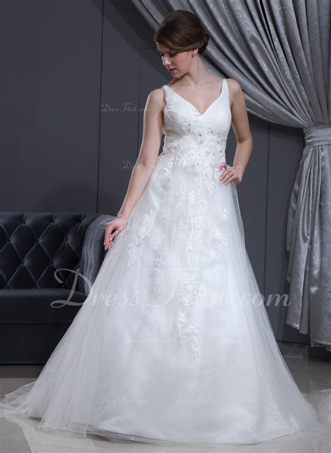 A Lineprincess V Neck Court Train Tulle Wedding Dress With Ruffle Lace