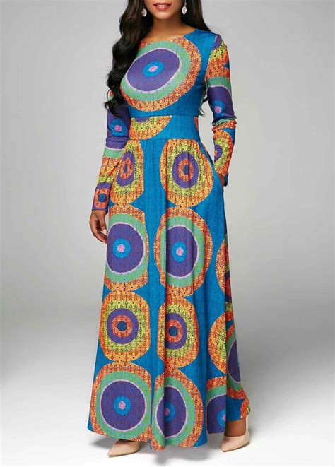 Printed Long Sleeve Band Waist Maxi Dress Usd 36 97 African Dresses Modern